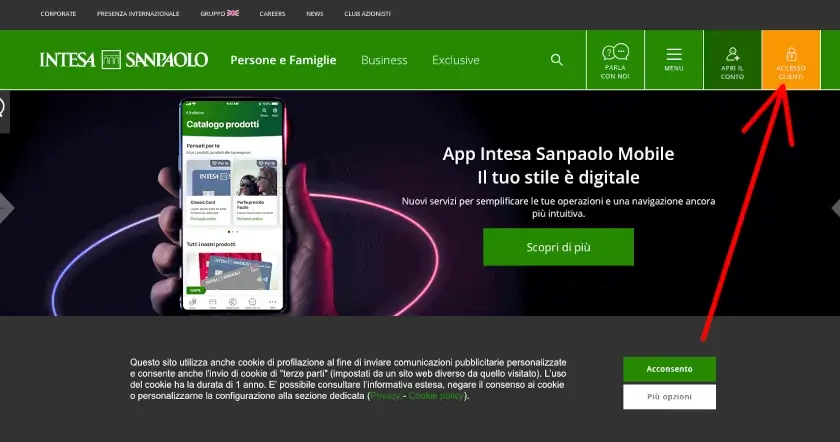 Vai sul sito di Sanpaolo e clicca su accesso clienti per effettuare l'accesso