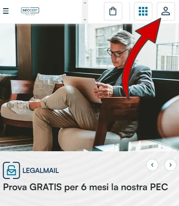 1 registrazione al sito InfoCert: Clicca il simbolo dell'omino.