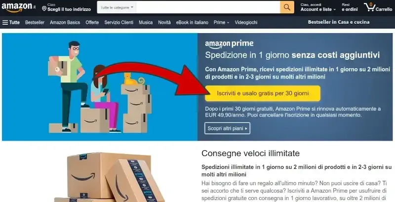 Segui il link fornito per iscriverti gratis ad Amazon Prime per 30 giorni.