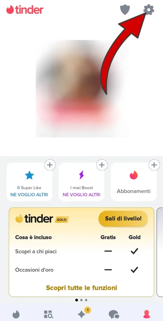 Apri Tinder e clicca sul simbolo dell'ingranaggio per andare alle impostazioni.