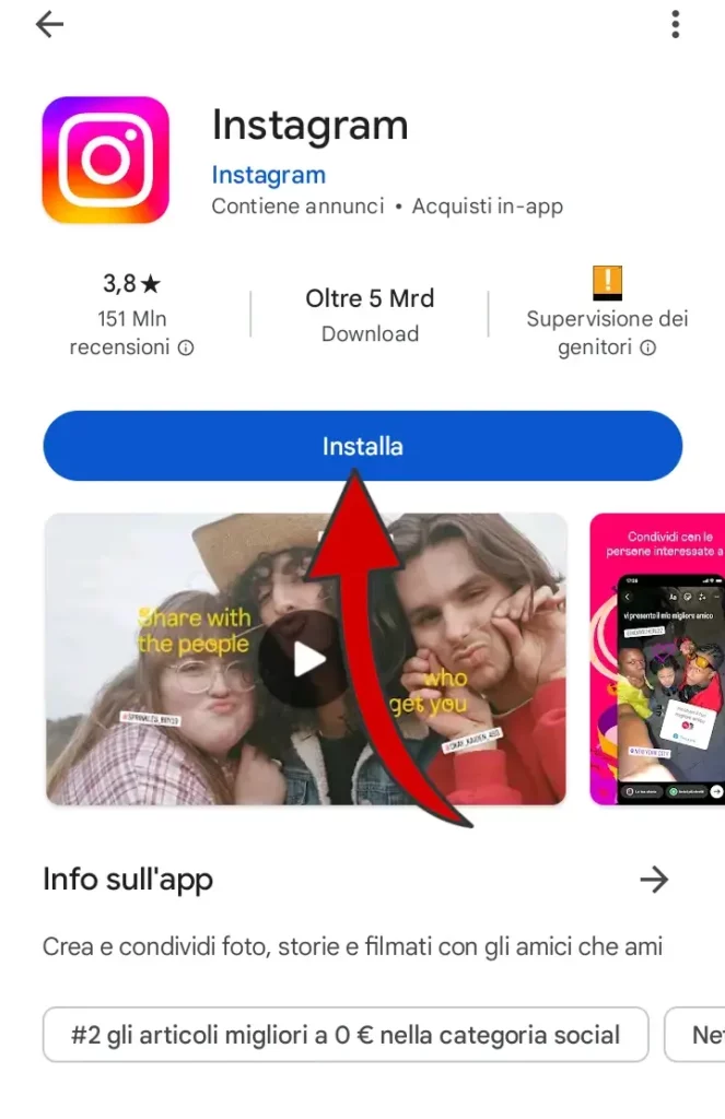 Installa l'applicazione Instagram per registrarti al social.