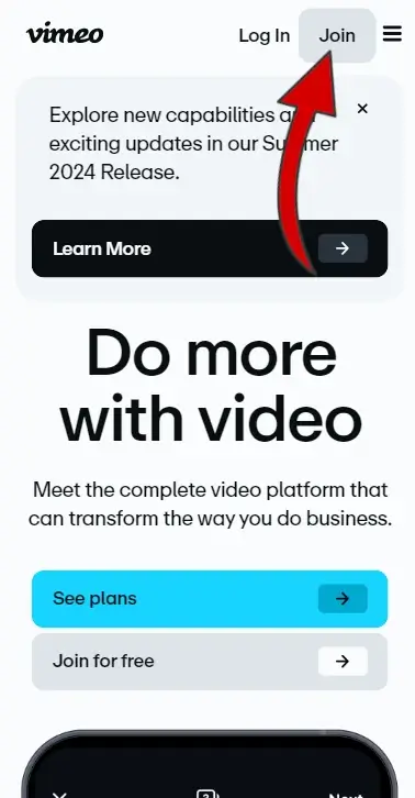 Per registrarti a Vimeo, vai sul sito internet e clicca su Join