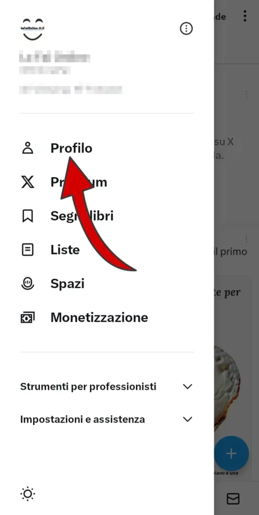 Clicca su Profilo per andare sulla tua pagina X e inserire immagini e descrizione.