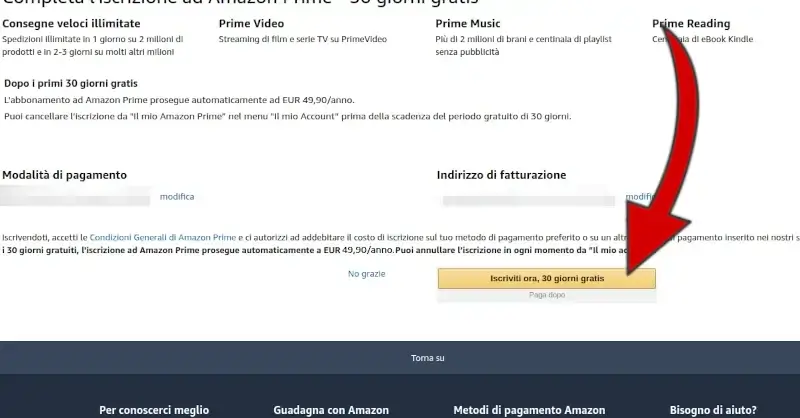 Clicca su iscriviti ora 30 giorni gratis per iscriversi ad Amazon Prime