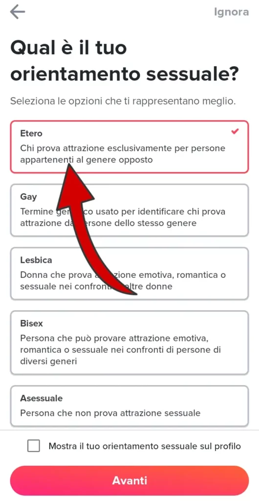 Seleziona il tuo orientamento sessuale da indicare su Tinder