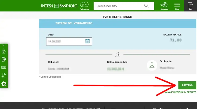 Visualizza l'importo e il saldo disponibile poi clicca su continua per pagare il modello F24.