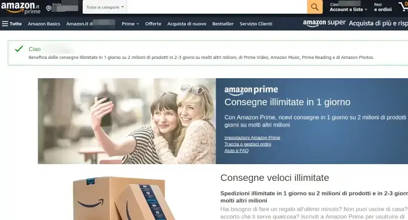 Ora puoi usare Amazon Prime e tutti i suoi vantaggi gratuitamente per 30 giorni.