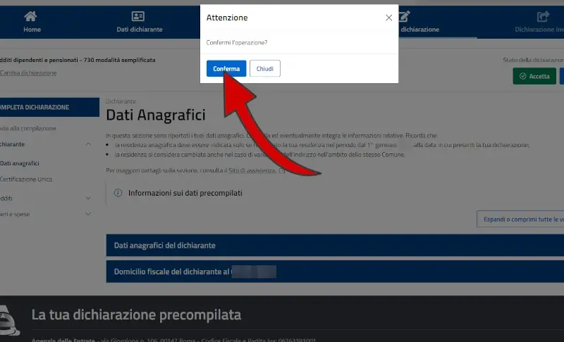 Clicca su conferma per continuare la procedura per il 730