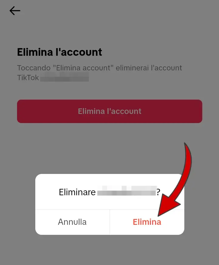 Clicca su elimina per terminare e cancellarsi da TikTok.