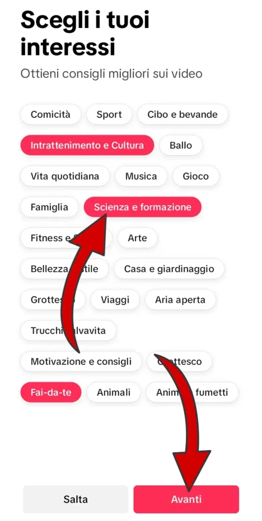 Definisci i tuoi interessi per filtrare i risultati di TikTok.