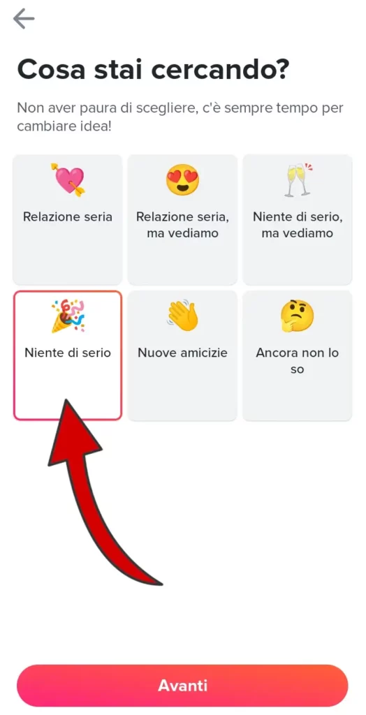 Seleziona cosa stai cercando su Tinder