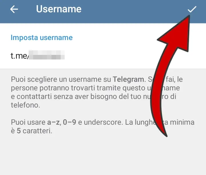 Inserisci il nuovo username Telegram e clicca la spunta per salvare.