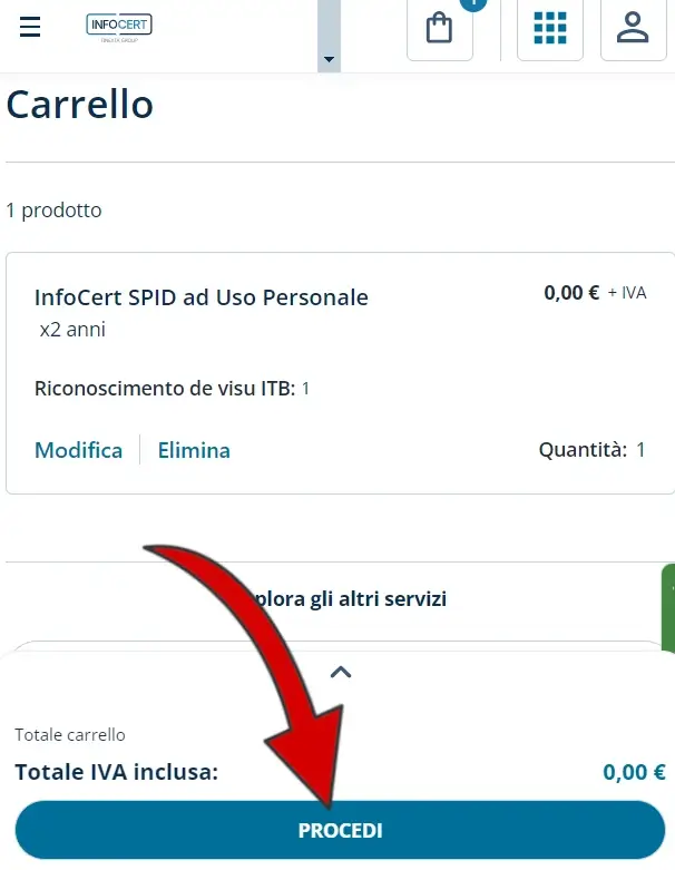 1 terminare l'acquisto dello Spid infocert: clicca su prosegui