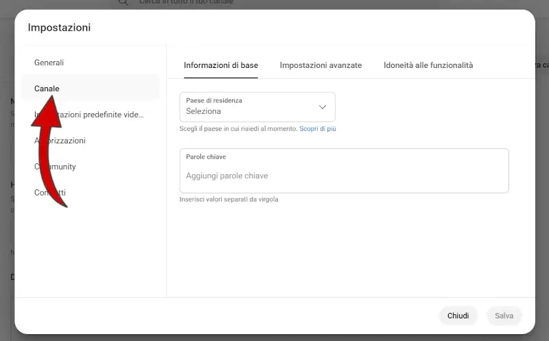 Dalle impostazioni, seleziona la voce canale, e modifica le informazioni di base nella prima scheda.