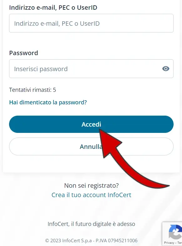 2 terminare l'acquisto dello Spid infocert: effettua l'accesso se non è già fatto