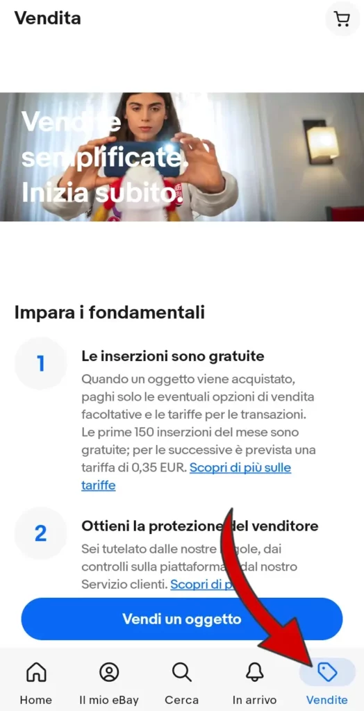 15 iscrizione da App - l'ultima voce si chiama vendite e serve per mettere in vendita su ebay.