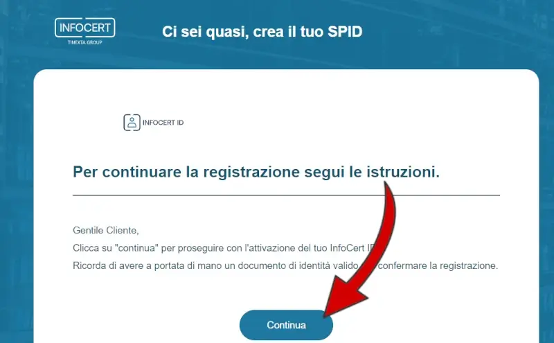 4 terminare l'acquisto dello Spid infocert: clicca su continua nella mail