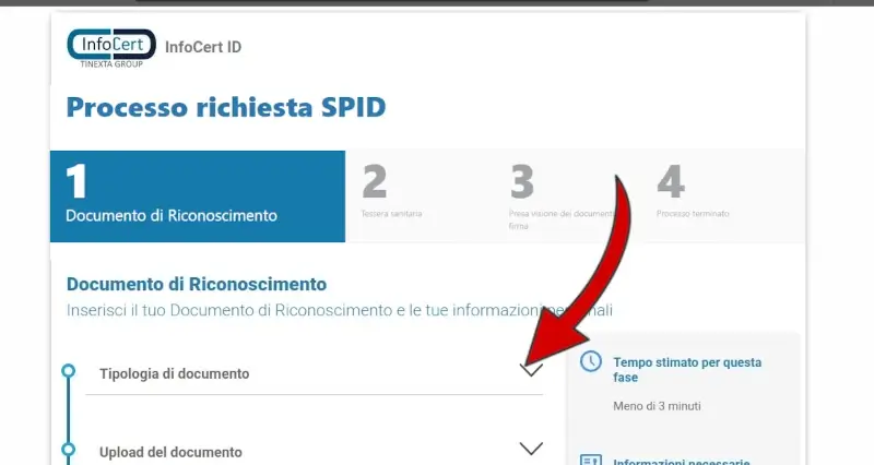 1 inserire il documento di riconoscimento: indica il tipo di documento da usare