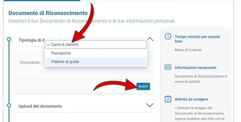 2 inserire il documento di riconoscimento: scegli quale usare selezionandolo dall'elenco