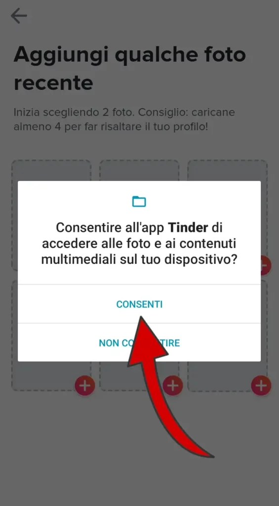 Consenti a Tinder di accedere alle foto e i contenuti multimediali del tuo dispositivo