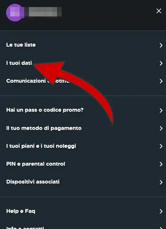 Dal menù che si apre clicca su I Tuoi Dati