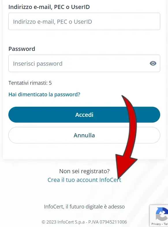 2 registrazione al sito InfoCert: Clicca su "Crea il tuo account InfoCert".