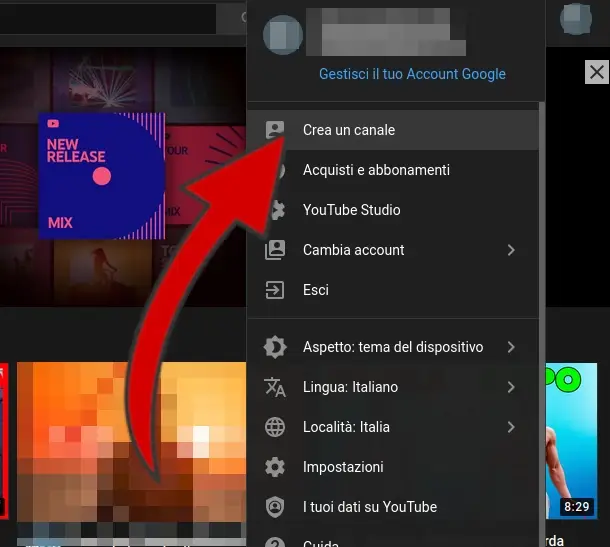 Clicca sull'immagine profilo e poi su "Crea un canale".