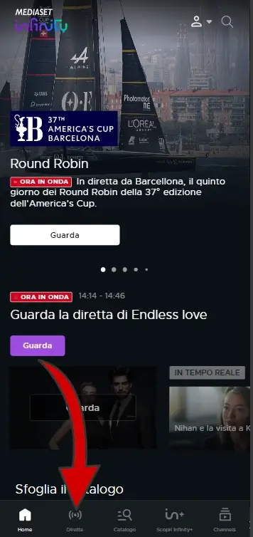 Clicca su dirette per guardare la diretta di un canale Mediaset dal telefono