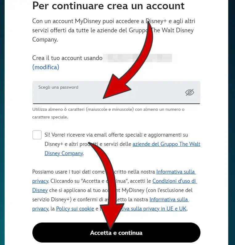 Inserisci la password da usare per accedere al tuo account Disney plus.