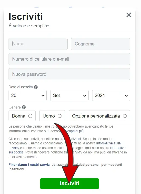 Inserisci i dati richiesti, e un contatto a scelta tra mail e numero di telefono. Poi clicca su iscriviti.