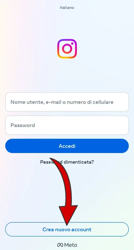 Al posto di effettuare l'acceso a instagram, clicca su crea un nuovo account.