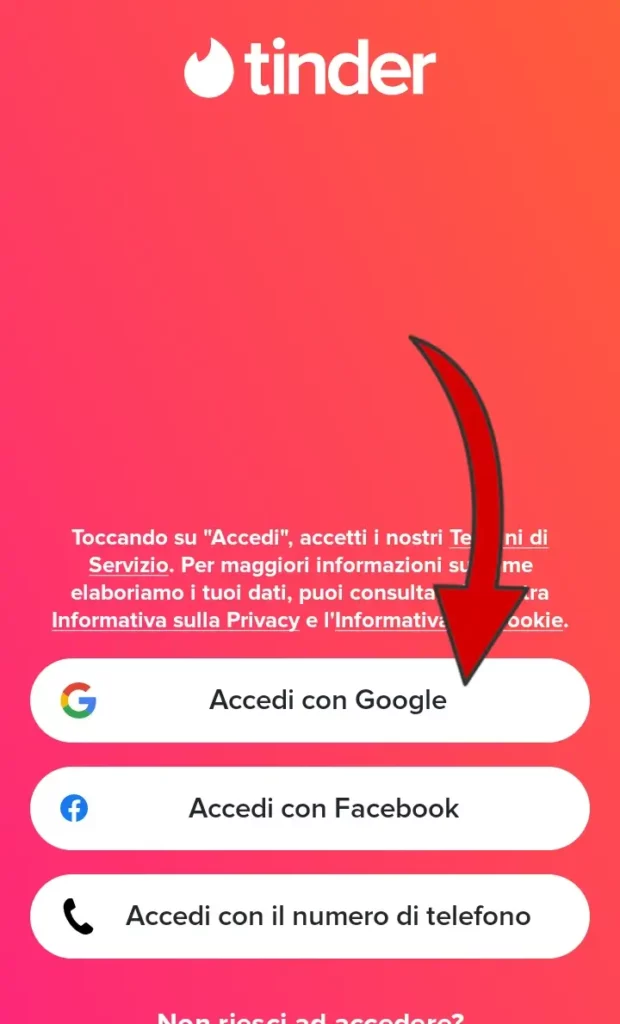 Puoi accedere a Tinder con l'account Google, Facebook e con numero di telefono