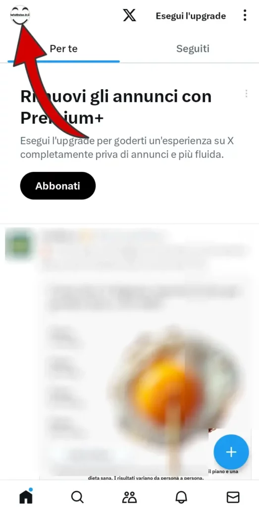 Clicca sull'immagine profilo X per aprire il menù e usare Twitter.