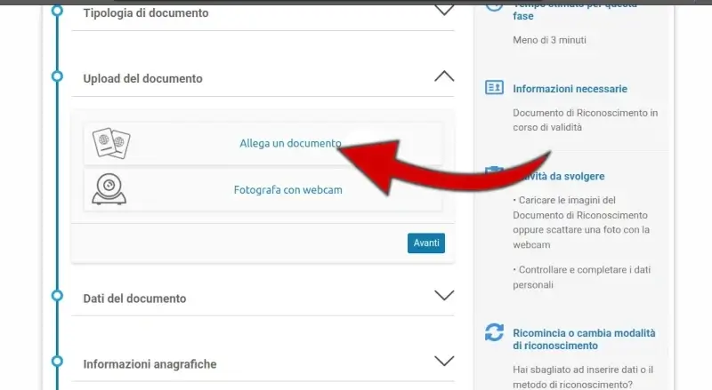 3 inserire il documento di riconoscimento: allega il documento fronte e retro
