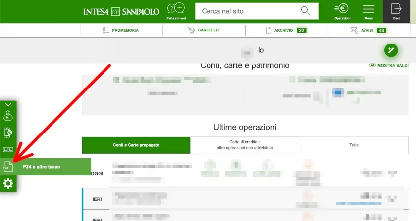 Dal menù di sinistra clicca su F24 e altre tasse.