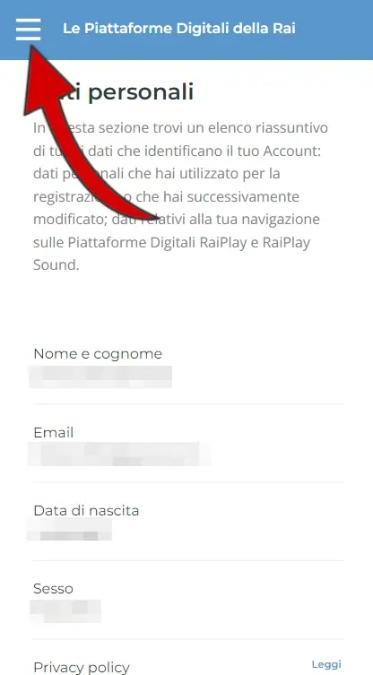 Nella nuova pagina, clicca sulle tre linee in alto a sinistra.