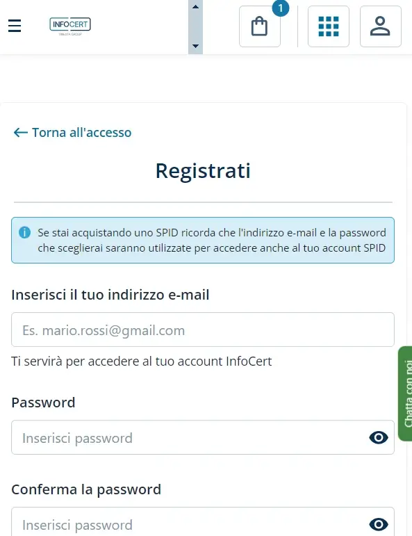 3 registrazione al sito InfoCert: inserisci i dati richiesti come email e password