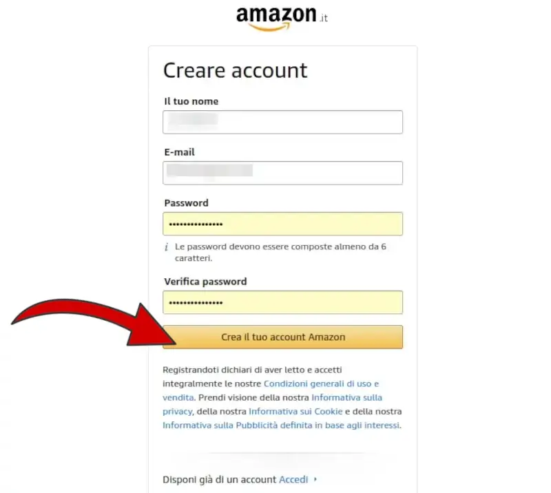 Inserisci il nome, la mail e una password, poi clicca su Crea il tuo account amazon