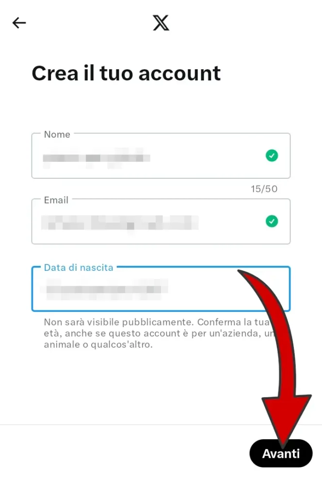 Per iscriverti a X, inserisci il nome, l'email, la data di nascita e clicca avanti.