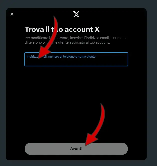 Inserisci il contatto con cui ti sei registrato a Twitter e clicca su avanti.