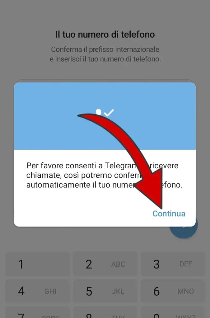 Per registrarsi bisogna consentire a Telegram l'accesso alle chiamate.