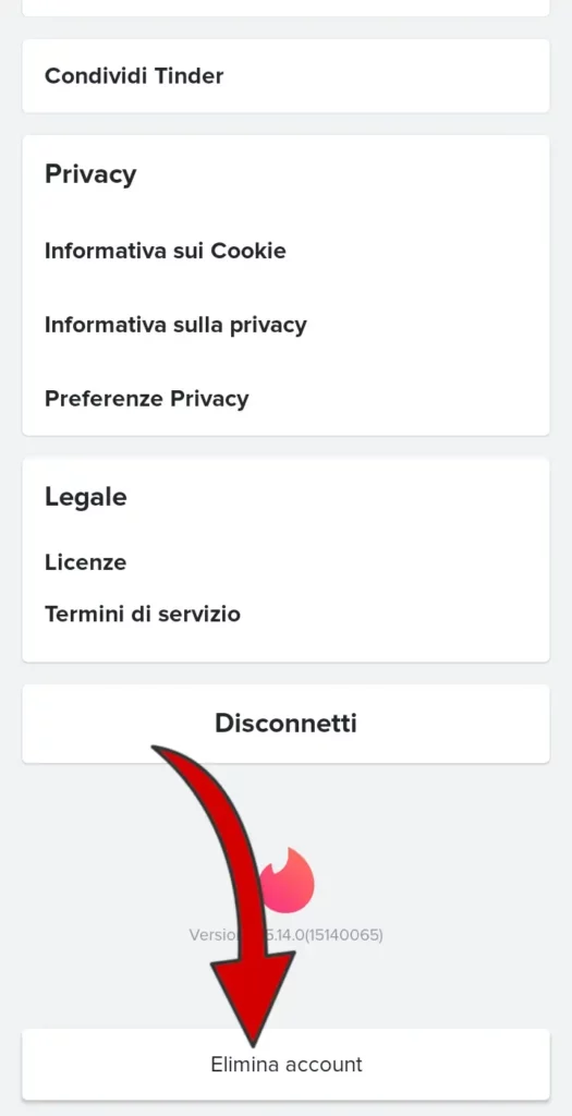 Al fondo della pagina, clicca su Elimina account per cancellarti da Tinder