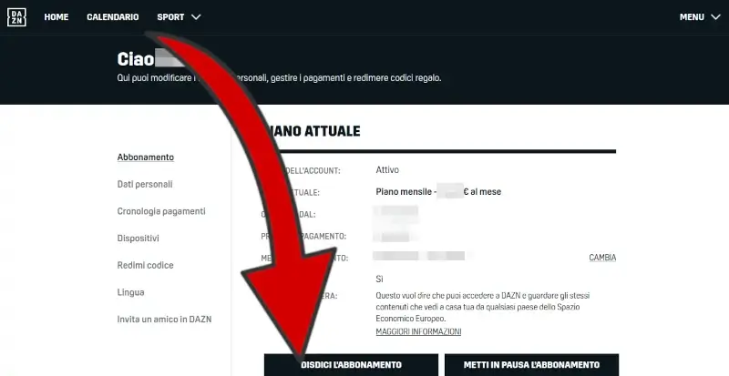 3 - clicca su disdici abbonamento per proseguire nell'operazione