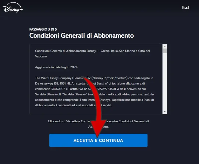 Accetta le condizioni e termini per registrarti a Disney+.