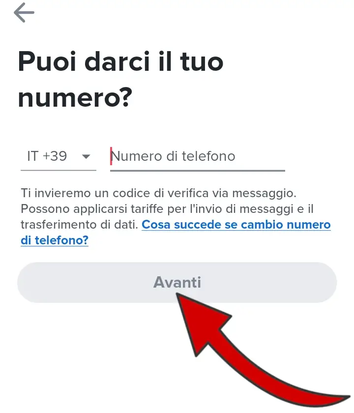 Inserisci il numero di telefono per registrarti a Tinder