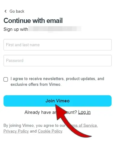 Inserisci l'email e una password da usare e poi clicca su Join Vimeo