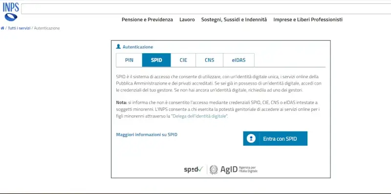 Fai l'acceso al sito inps con un metodo a scelta tra Spi, Cie, Cns e eIDAS.