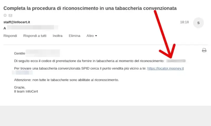 Esempio di email con il codice da comunicare al punto Mooney per il riconoscimento