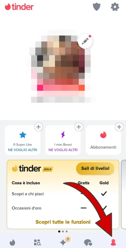 L'ultimo simbolo del menù orizzontale ti mostra il tuo profilo Tinder dove puoi gestire l'iscrizione.