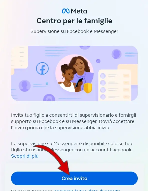 Crea un invito da inviare ai tuoi figli per impostare il parental controlo su Facebook.